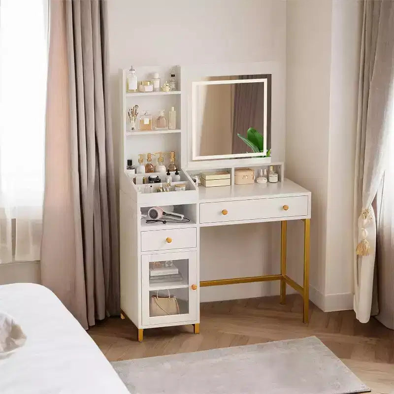 38 Toeletta, Comò Moderno per il Trucco, con Specchio Illuminato a LED a 3 Colori e Presa di Corrente, per Camera da Letto, Studio