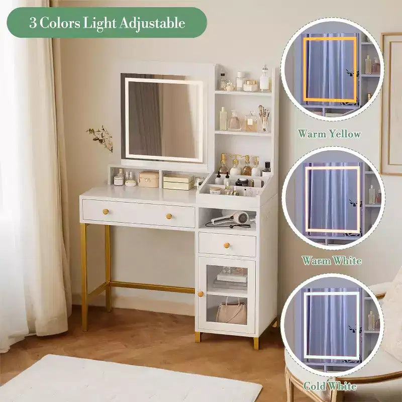 38 Toeletta, Comò Moderno per il Trucco, con Specchio Illuminato a LED a 3 Colori e Presa di Corrente, per Camera da Letto, Studio