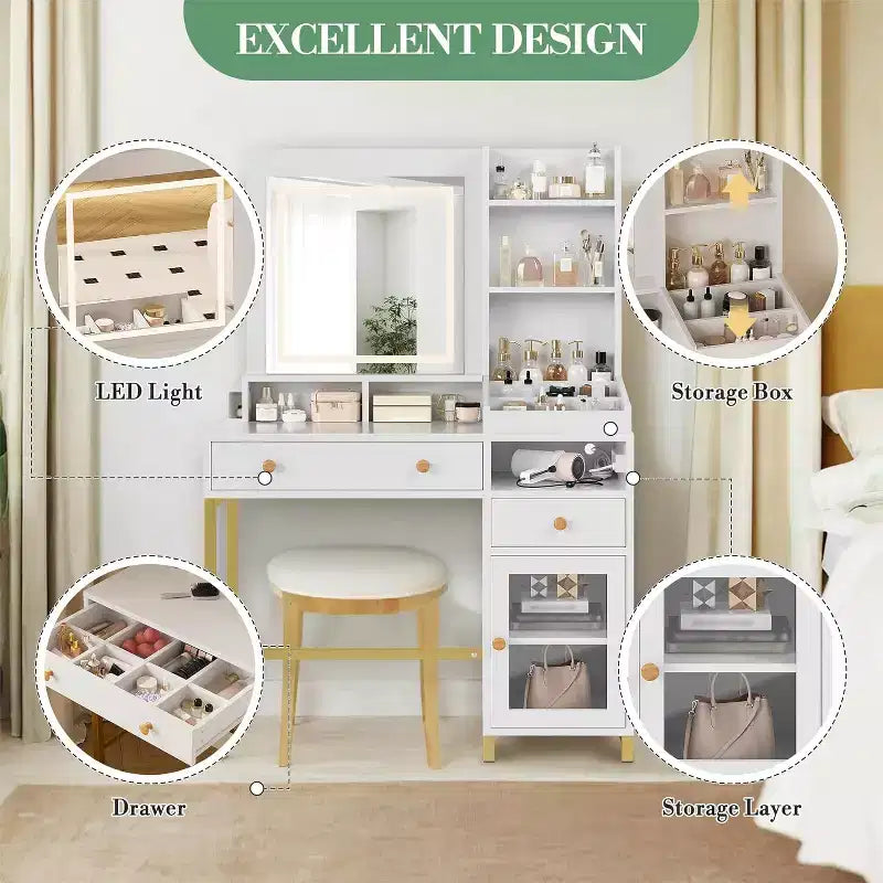 38 Toeletta, Comò Moderno per il Trucco, con Specchio Illuminato a LED a 3 Colori e Presa di Corrente, per Camera da Letto, Studio