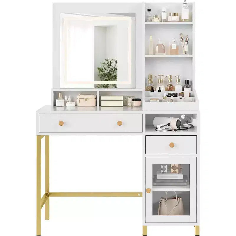 38 Toeletta, Comò Moderno per il Trucco, con Specchio Illuminato a LED a 3 Colori e Presa di Corrente, per Camera da Letto, Studio