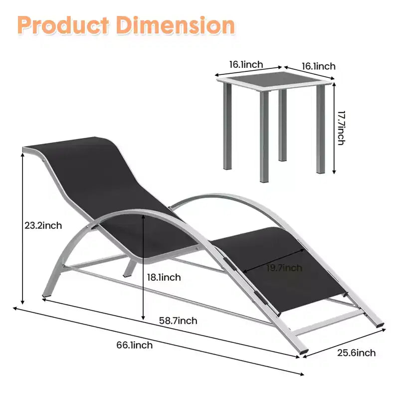 Set di 3 sedie a sdraio da esterno, sedie reclinabili, lettini da patio in alluminio, design moderno, resistenti alle intemperie e facili da montare
