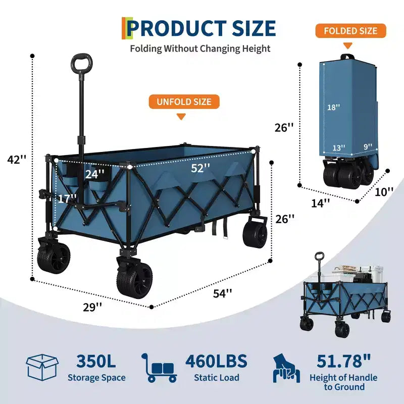 Carrello pieghevole extra large, carrello multiuso pieghevole resistente con portabicchieri, carrello pieghevole per tutti i terreni per spiaggia, campeggio e sabbia