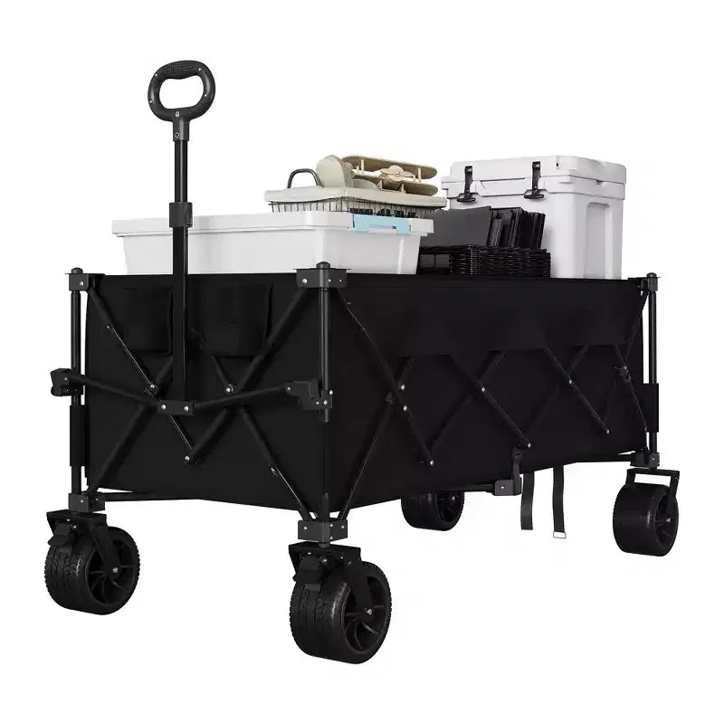 Extra Large Folding Wagon Cart, Heavy Duty Collapsible Utility Wagon with Cup Holders, All-Terrain Foldable Wagon for Beach, Camping, and Sand Use