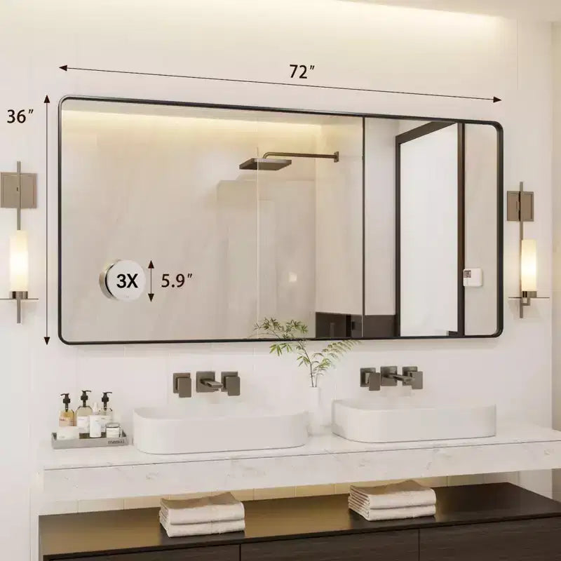COZONY Specchio da Bagno con Cornice in Metallo Nero, Specchio da Parete Rettangolare con Angoli Arrotondati per Lavabo, Orizzontale/Verticale