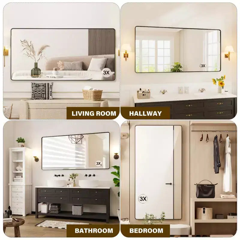 COZONY Specchio da Bagno con Cornice in Metallo Nero, Specchio da Parete Rettangolare con Angoli Arrotondati per Lavabo, Orizzontale/Verticale
