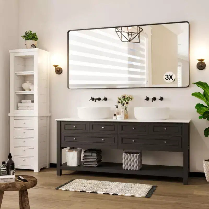 COZONY Specchio da Bagno con Cornice in Metallo Nero, Specchio da Parete Rettangolare con Angoli Arrotondati per Lavabo, Orizzontale/Verticale