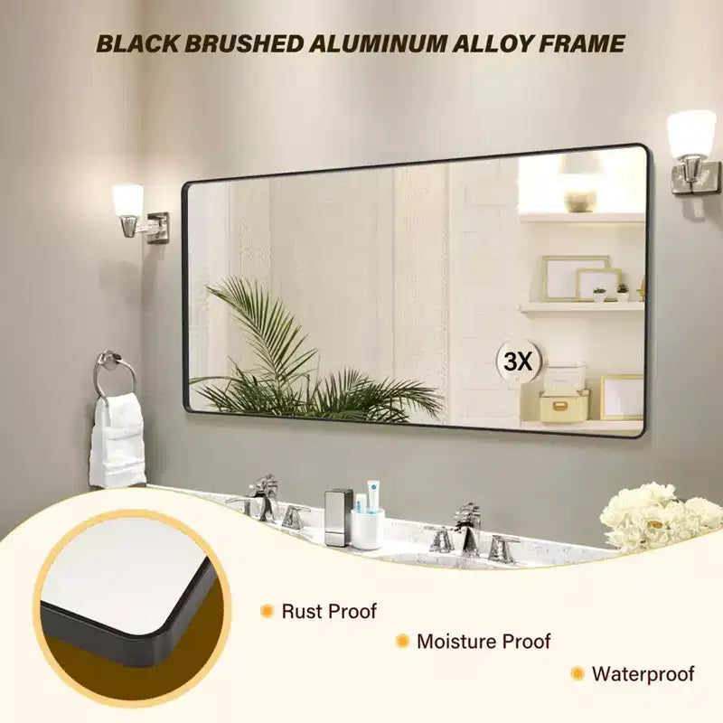 COZONY Specchio da Bagno con Cornice in Metallo Nero, Specchio da Parete Rettangolare con Angoli Arrotondati per Lavabo, Orizzontale/Verticale