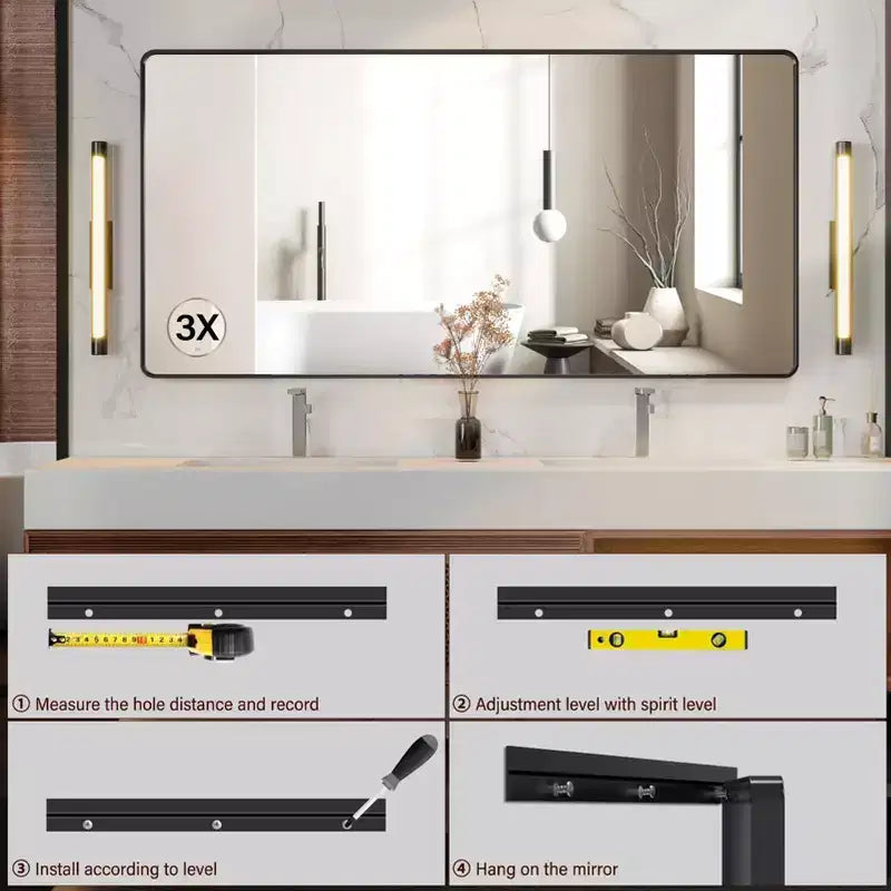 COZONY Specchio da Bagno con Cornice in Metallo Nero, Specchio da Parete Rettangolare con Angoli Arrotondati per Lavabo, Orizzontale/Verticale