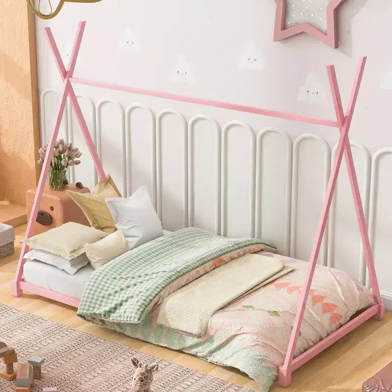 Bellemave Letto a Pavimento Singolo per Bambini, Letto a Capanna Montessori in Metallo con Doghe, Rosa