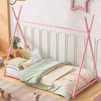 Bellemave Letto a Pavimento Singolo per Bambini, Letto a Capanna Montessori in Metallo con Doghe, Rosa