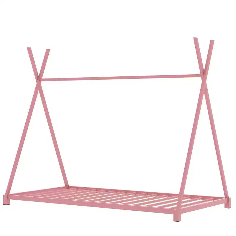 Bellemave Letto a Pavimento Singolo per Bambini, Letto a Capanna Montessori in Metallo con Doghe, Rosa