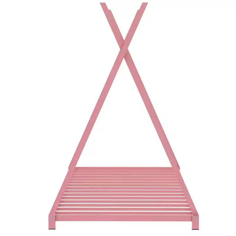 Bellemave Letto a Pavimento Singolo per Bambini, Letto a Capanna Montessori in Metallo con Doghe, Rosa