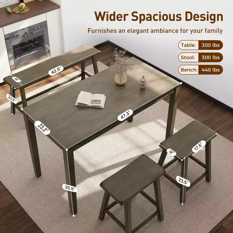 Captiva Designs Set da 4 Pezzi Tavolo da Pranzo in Legno con Tavolo Rettangolare, Sgabelli e Panchina