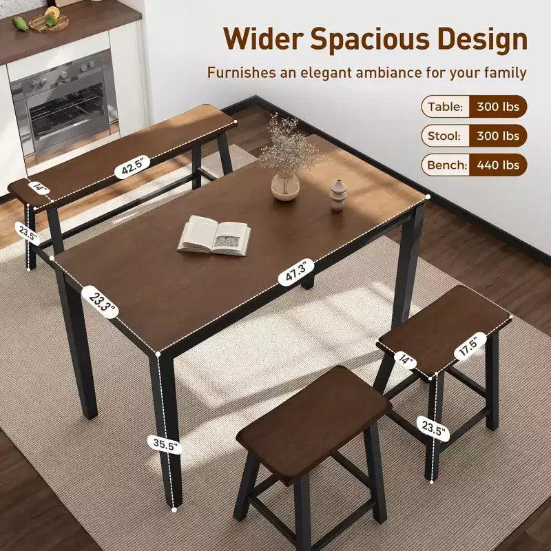 Captiva Designs Set da 4 Pezzi Tavolo da Pranzo in Legno con Tavolo Rettangolare, Sgabelli e Panchina