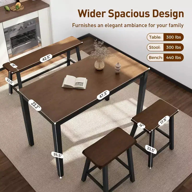 Captiva Designs Set da 4 Pezzi Tavolo da Pranzo in Legno con Tavolo Rettangolare, Sgabelli e Panchina