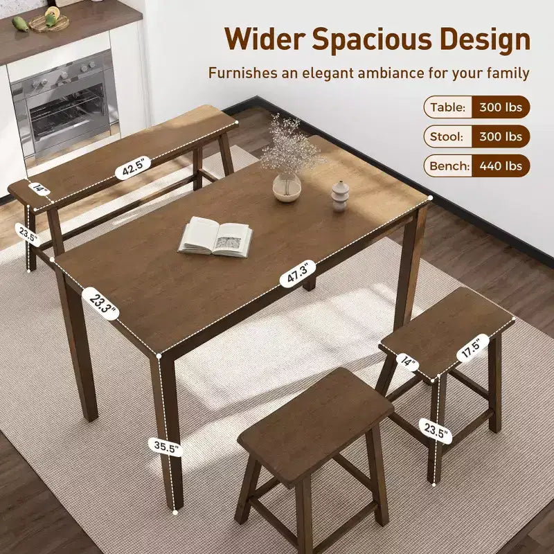 Captiva Designs Set da 4 Pezzi Tavolo da Pranzo in Legno con Tavolo Rettangolare, Sgabelli e Panchina