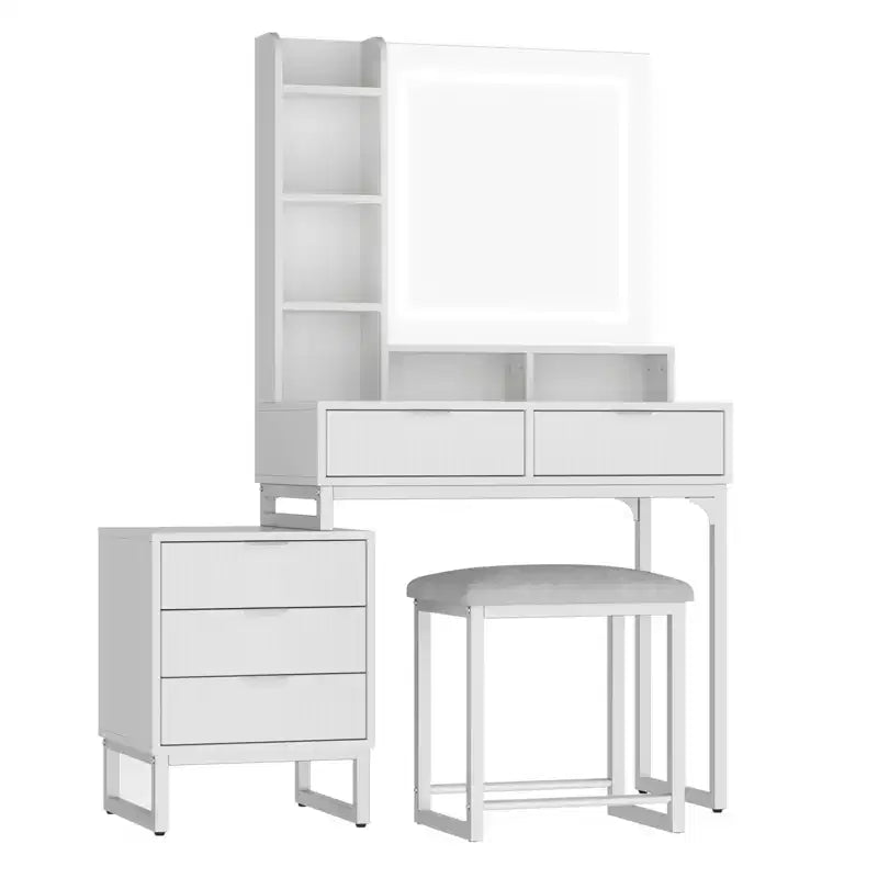 COZONY Scrivania da trucco bianca con luci a 3 modalità e sgabello, tavolo da trucco con 5 cassetti e specchio