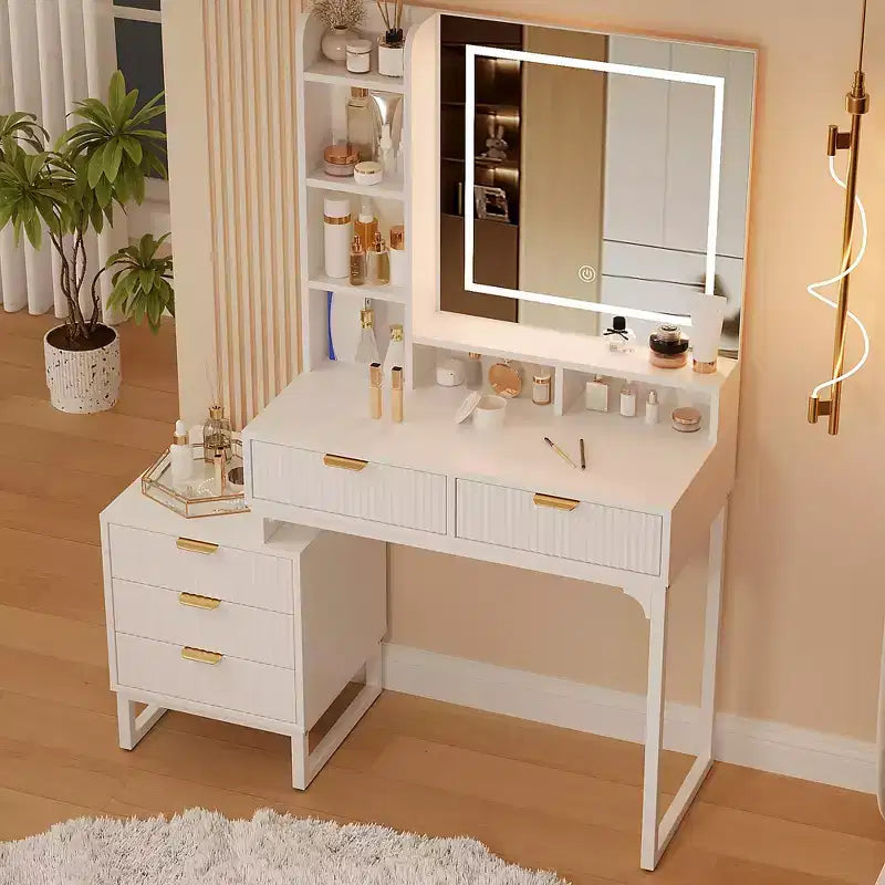 COZONY Scrivania da trucco bianca con luci a 3 modalità e sgabello, tavolo da trucco con 5 cassetti e specchio