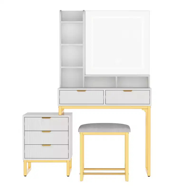 COZONY Scrivania da trucco bianca con luci a 3 modalità e sgabello, tavolo da trucco con 5 cassetti e specchio