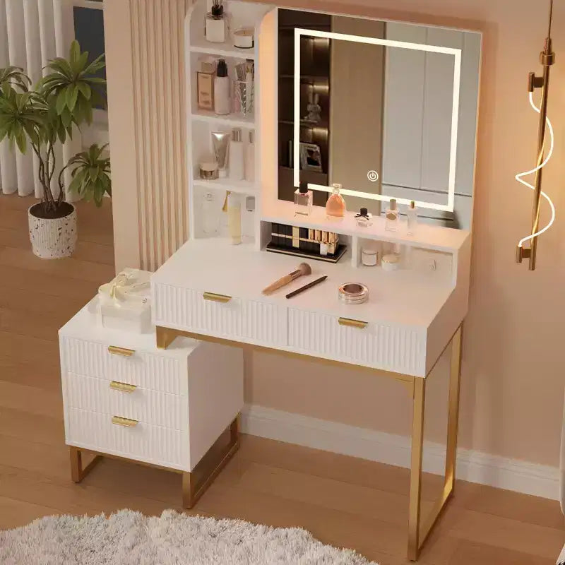 COZONY Scrivania da trucco bianca con luci a 3 modalità e sgabello, tavolo da trucco con 5 cassetti e specchio