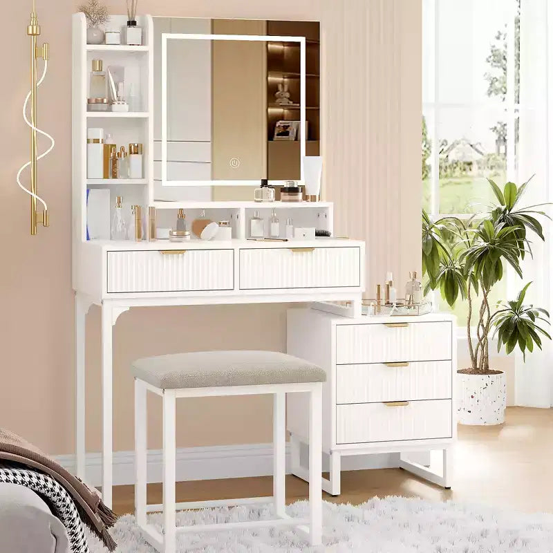 COZONY Scrivania da trucco bianca con luci a 3 modalità e sgabello, tavolo da trucco con 5 cassetti e specchio