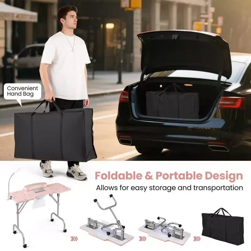 Costway Tavolo Pieghevole Manicure Unghie con Aspiratore Elettrico Lampada LED Borsa per il Trasporto Rosa