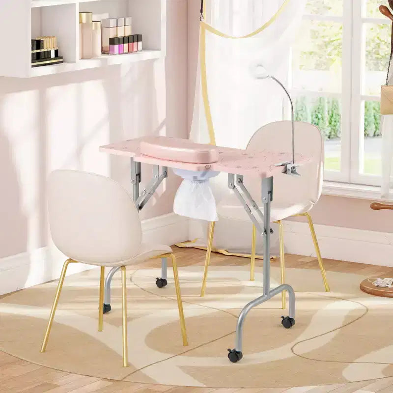 Costway Tavolo Pieghevole Manicure Unghie con Aspiratore Elettrico Lampada LED Borsa per il Trasporto Rosa