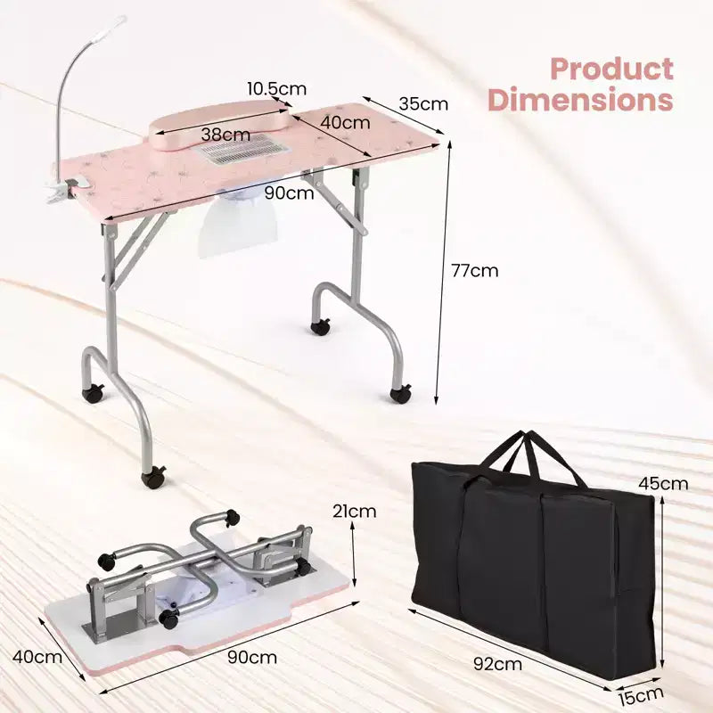 Costway Tavolo Pieghevole Manicure Unghie con Aspiratore Elettrico Lampada LED Borsa per il Trasporto Rosa