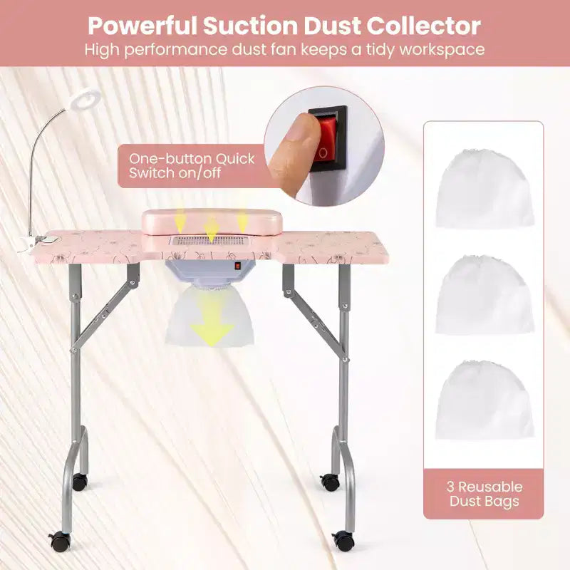 Costway Tavolo Pieghevole Manicure Unghie con Aspiratore Elettrico Lampada LED Borsa per il Trasporto Rosa