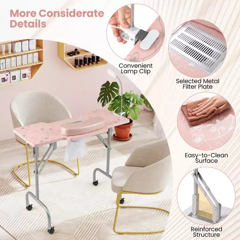Costway Tavolo Pieghevole Manicure Unghie con Aspiratore Elettrico Lampada LED Borsa per il Trasporto Rosa