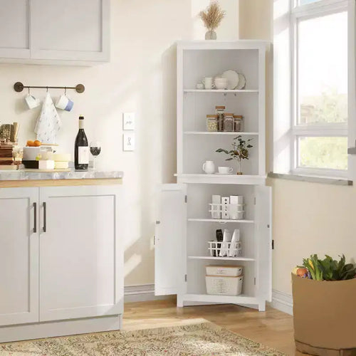 Mobiletto ad angolo da fattoria alto 163 cm con 2 ante a saracinesca e ripiani regolabili per bagno, sala da pranzo, cucina, bianco