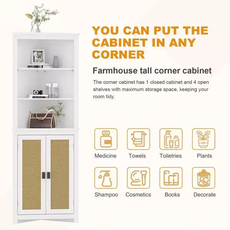 Mobiletto ad angolo da fattoria alto 163 cm con 2 ante a saracinesca e ripiani regolabili per bagno, sala da pranzo, cucina, bianco