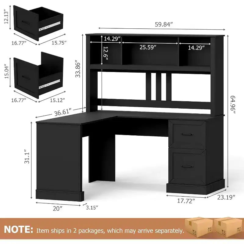 Scrivania a L Zevemomo 60 con credenza e cassetti, scrivania ad angolo per computer con ripiani a giorno, per ufficio o camera da letto, nero moderno