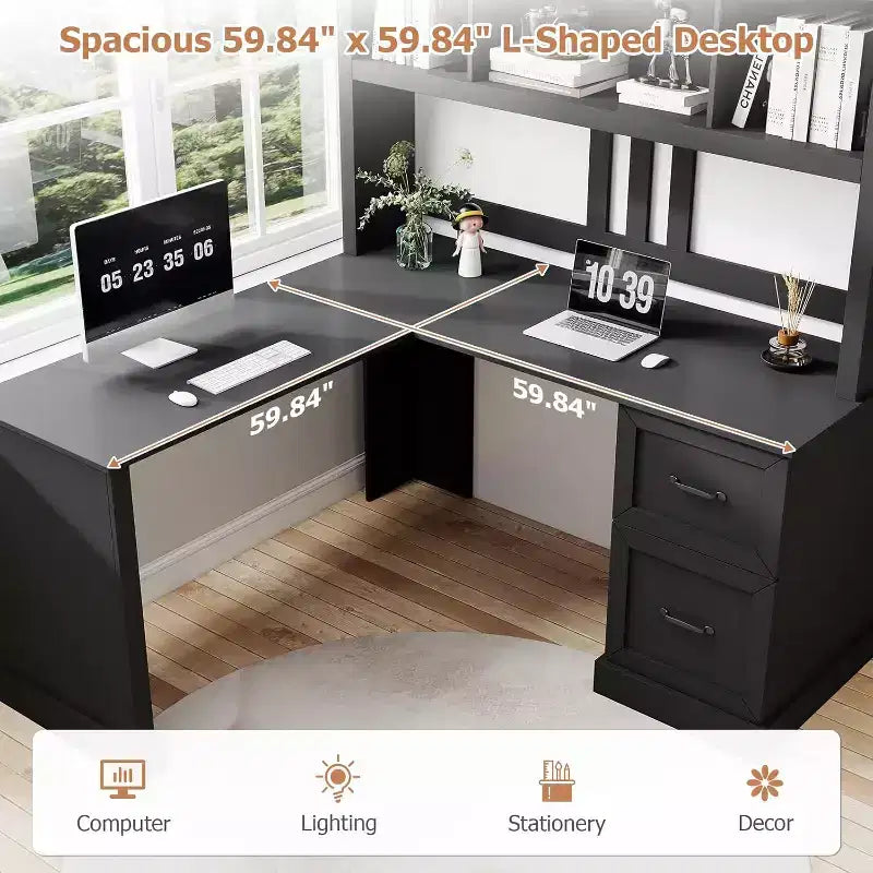 Scrivania a L Zevemomo 60 con credenza e cassetti, scrivania ad angolo per computer con ripiani a giorno, per ufficio o camera da letto, nero moderno