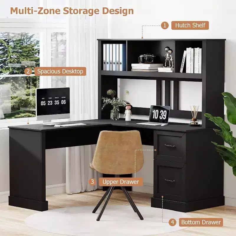 Scrivania a L Zevemomo 60 con credenza e cassetti, scrivania ad angolo per computer con ripiani a giorno, per ufficio o camera da letto, nero moderno