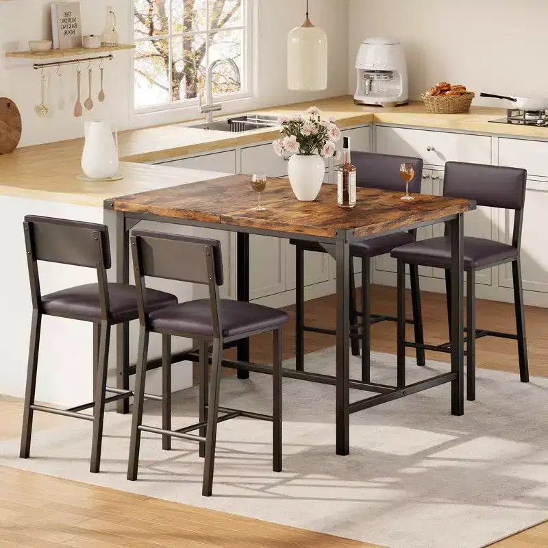 Set da pranzo Coolmee per 4 persone, set da cucina a 5 pezzi con schienale, tavolo alto con 4 sgabelli da bar imbottiti per sala da pranzo
