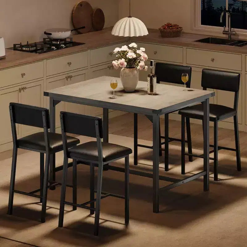 Set da pranzo Coolmee per 4 persone, set da cucina a 5 pezzi con schienale, tavolo alto con 4 sgabelli da bar imbottiti per sala da pranzo