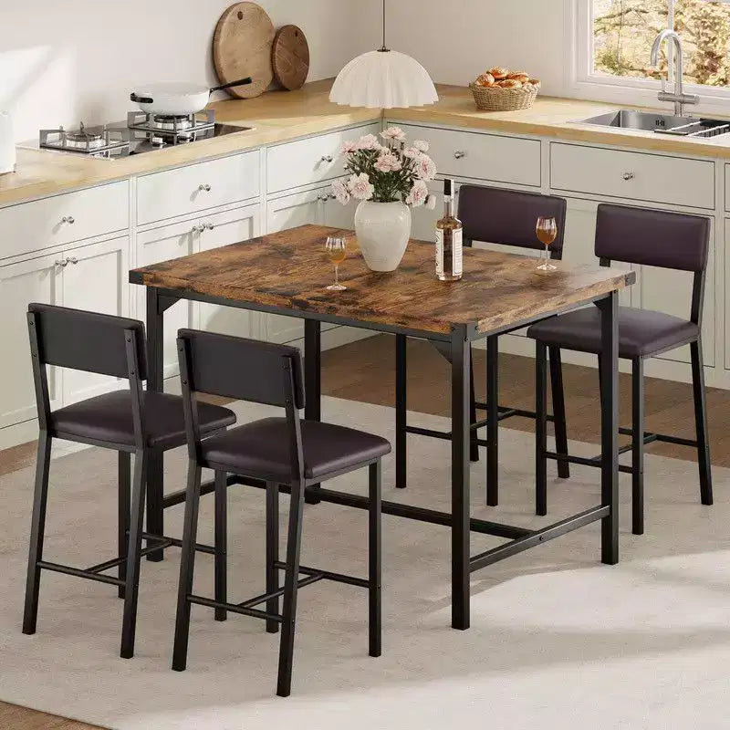 Set da pranzo Coolmee per 4 persone, set da cucina a 5 pezzi con schienale, tavolo alto con 4 sgabelli da bar imbottiti per sala da pranzo