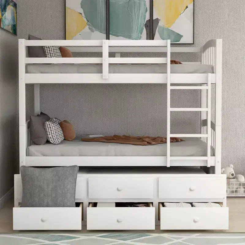 Letto a castello singolo su singolo con letto estraibile, letto a castello in legno con 3 cassetti portaoggetti e spondina di sicurezza, trasformabile in 2 letti
