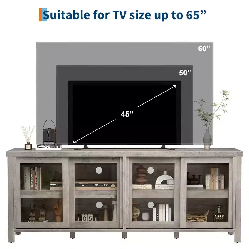 Mobile TV da 65 pollici, Centro di Intrattenimento con Mobile Contenitore e 4 Ante Scorrevoli in Vetro, Consolle TV Media Moderno di Metà Secolo per Soggiorno