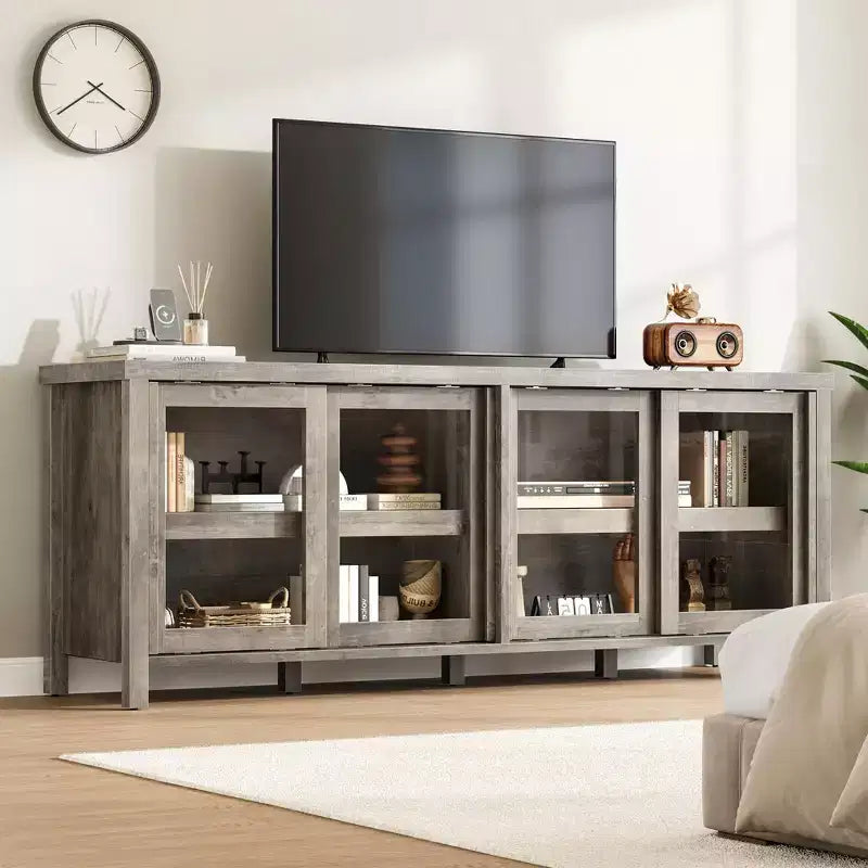 TV Stand for 65 Inch, Entertainment Center with Storage Cabinet and 4 Sliding Glass Doors, Mid Century Modern Media TV Console Table for Living Room