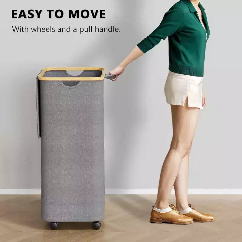Cesto portabiancheria con ruote e coperchio - Cesto portabiancheria da 100 litri con manico in bambù, ampio organizer per lavanderia SpaceAid per camera da letto, bagno, dormitorio