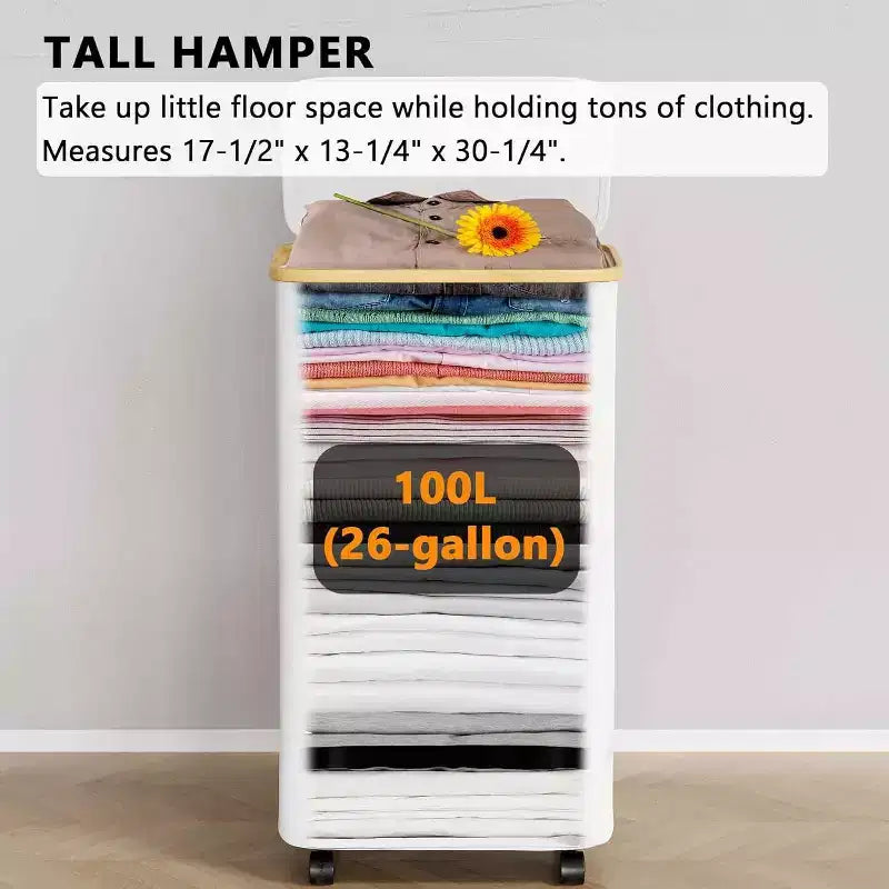 Cesto portabiancheria con ruote e coperchio - Cesto portabiancheria da 100 litri con manico in bambù, ampio organizer per lavanderia SpaceAid per camera da letto, bagno, dormitorio