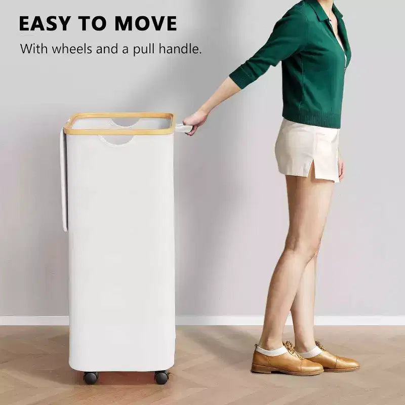 Cesto portabiancheria con ruote e coperchio - Cesto portabiancheria da 100 litri con manico in bambù, ampio organizer per lavanderia SpaceAid per camera da letto, bagno, dormitorio