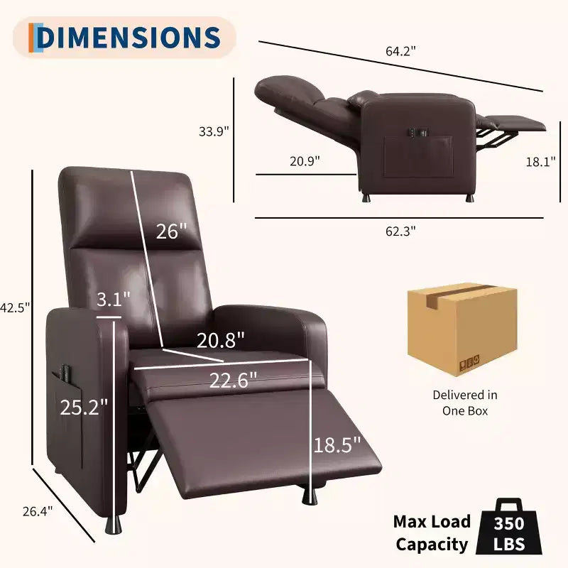 Poltrona Reclinabile Elettrica - Calore e Massaggio, Recliner Elettrico Regolabile, Poltrona Singola Ergonomica in Pelle PU, Schienale Alto, Seduta Imbottita, Poltrona Home Theater