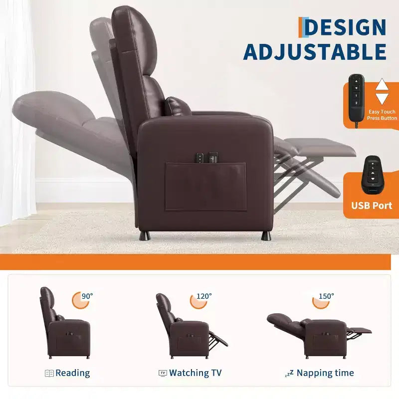 Poltrona Reclinabile Elettrica - Calore e Massaggio, Recliner Elettrico Regolabile, Poltrona Singola Ergonomica in Pelle PU, Schienale Alto, Seduta Imbottita, Poltrona Home Theater