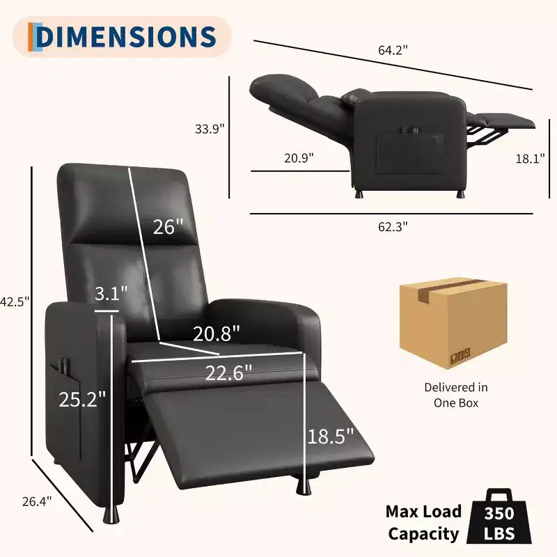 Poltrona Reclinabile Elettrica - Calore e Massaggio, Recliner Elettrico Regolabile, Poltrona Singola Ergonomica in Pelle PU, Schienale Alto, Seduta Imbottita, Poltrona Home Theater