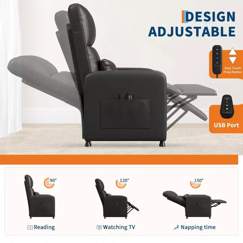 Poltrona Reclinabile Elettrica - Calore e Massaggio, Recliner Elettrico Regolabile, Poltrona Singola Ergonomica in Pelle PU, Schienale Alto, Seduta Imbottita, Poltrona Home Theater