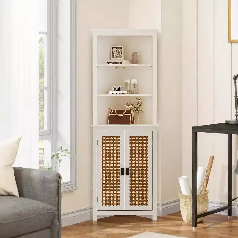 Rattan Corner Wine Cabinet with Adjustable Shelves - Farmhouse Freestanding Storage for Kitchen, Living Room