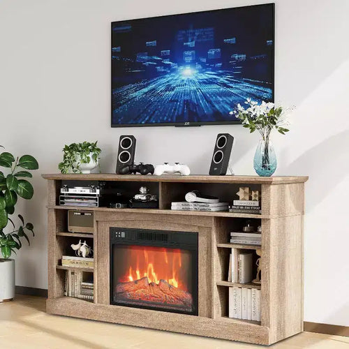 58 Farmhouse TV Stand Console Cabinet with Storage Shelves, 23 Fireplace with 3 Level Adjustable Flame for Living Room